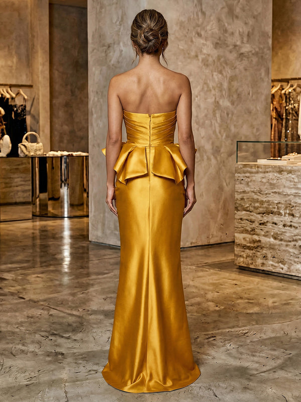 Mermaid/Trumpet Satin Strapless Sweetheart Floor-Length Formal Dresses with Ruched Peplum Waist