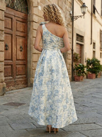 Elegant Tea-Length One Shoulder Floral Print Formal Dresses for Women