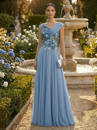 A-Line Pleated Chiffon Floor-Length Evening Dresses with Cowl Neck & Floral Lace Bodice