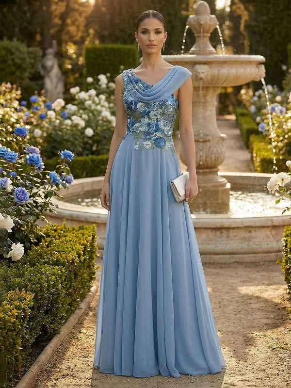 A-Line Pleated Chiffon Floor-Length Evening Dresses with Cowl Neck & Floral Lace Bodice