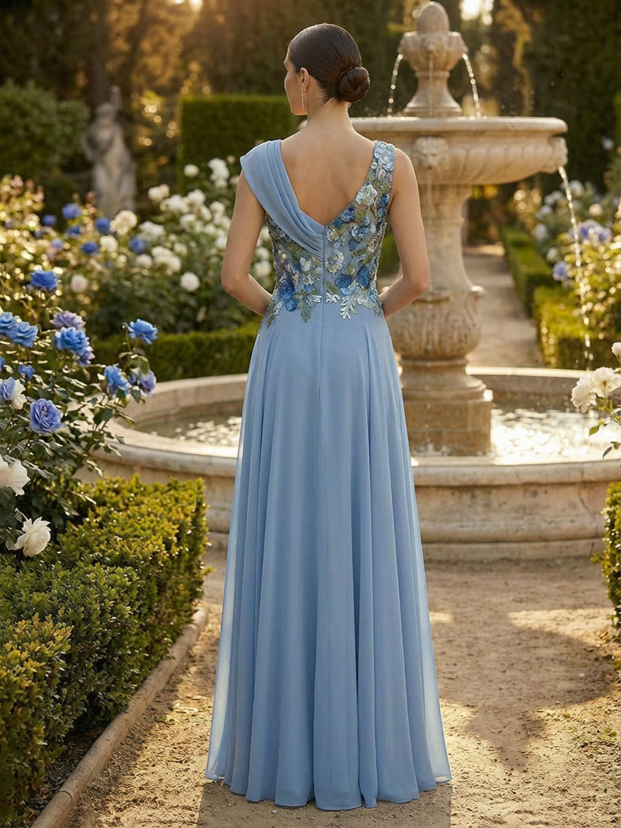 A-Line Pleated Chiffon Floor-Length Evening Dresses with Cowl Neck & Floral Lace Bodice