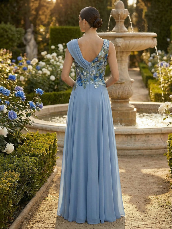A-Line Pleated Chiffon Floor-Length Evening Dresses with Cowl Neck & Floral Lace Bodice