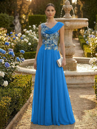 A-Line Pleated Chiffon Floor-Length Evening Dresses with Cowl Neck & Floral Lace Bodice