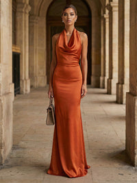 Mermaid Satin Floor-Length Pleated Halter Corset Formal Dresses
