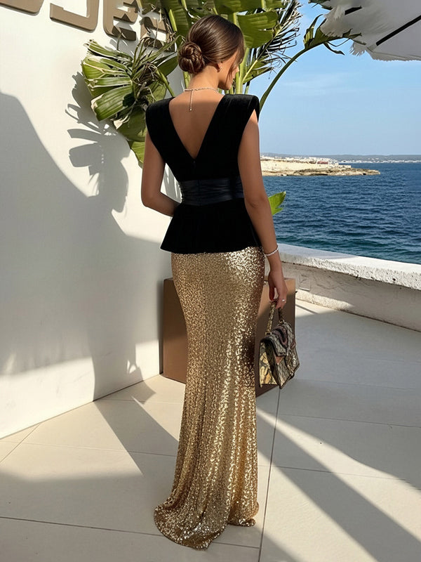 Mermaid Satin Floor-Length V Neck Sequin Corset Formal Dresses