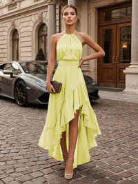Mermaid Chiffon Hight-Low Halter Corset Ruffles Formal Dresses