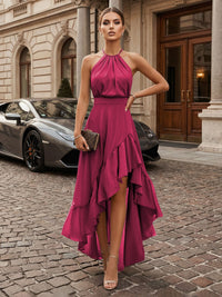 Mermaid Chiffon Hight-Low Halter Corset Ruffles Formal Dresses