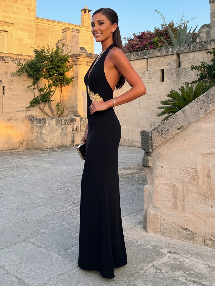 Mermaid Satin Floor-Length Halter Embroidered Corset Ruffles Formal Dresses