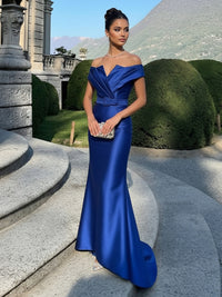 Mermaid Satin Floor-Length Off Shoulder Pleated Corset Formal Dresses