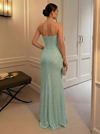Mermaid Sequin Floor-Length Strapless Pleated Corset Formal Dresses with Slit