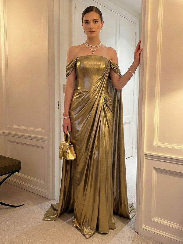 Mermaid Satin Floor-Length Off Shoulder Pleated Ruffles Corset Formal Dresses