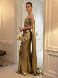 Mermaid Satin Floor-Length Off Shoulder Pleated Ruffles Corset Formal Dresses