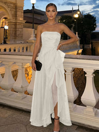 A-Line Chiffon Floor-Length Strapless Ruffles Corset Formal Dresses with Slit