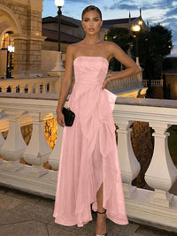 A-Line Chiffon Floor-Length Strapless Ruffles Corset Formal Dresses with Slit