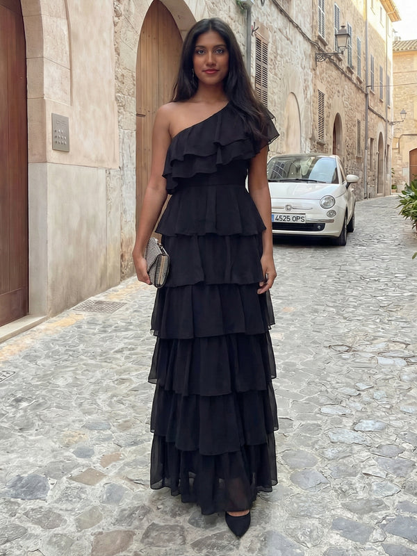Black Formal Cocktail Dresses 2026 for Elegant Women A‐Line One‐Shoulder Sleeveless Floor‐Length Tiered Ruffles Chiffon Wedding Guest Gown