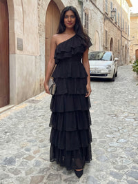 Chiffon A-Line Floor-Length One-Shoulder Layered Ruffles Corset Formal Dresses