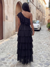Chiffon A-Line Floor-Length One-Shoulder Layered Ruffles Corset Formal Dresses
