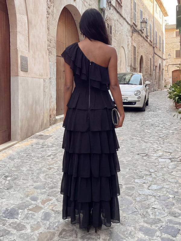 Chiffon A-Line Floor-Length One-Shoulder Layered Ruffles Corset Formal Dresses