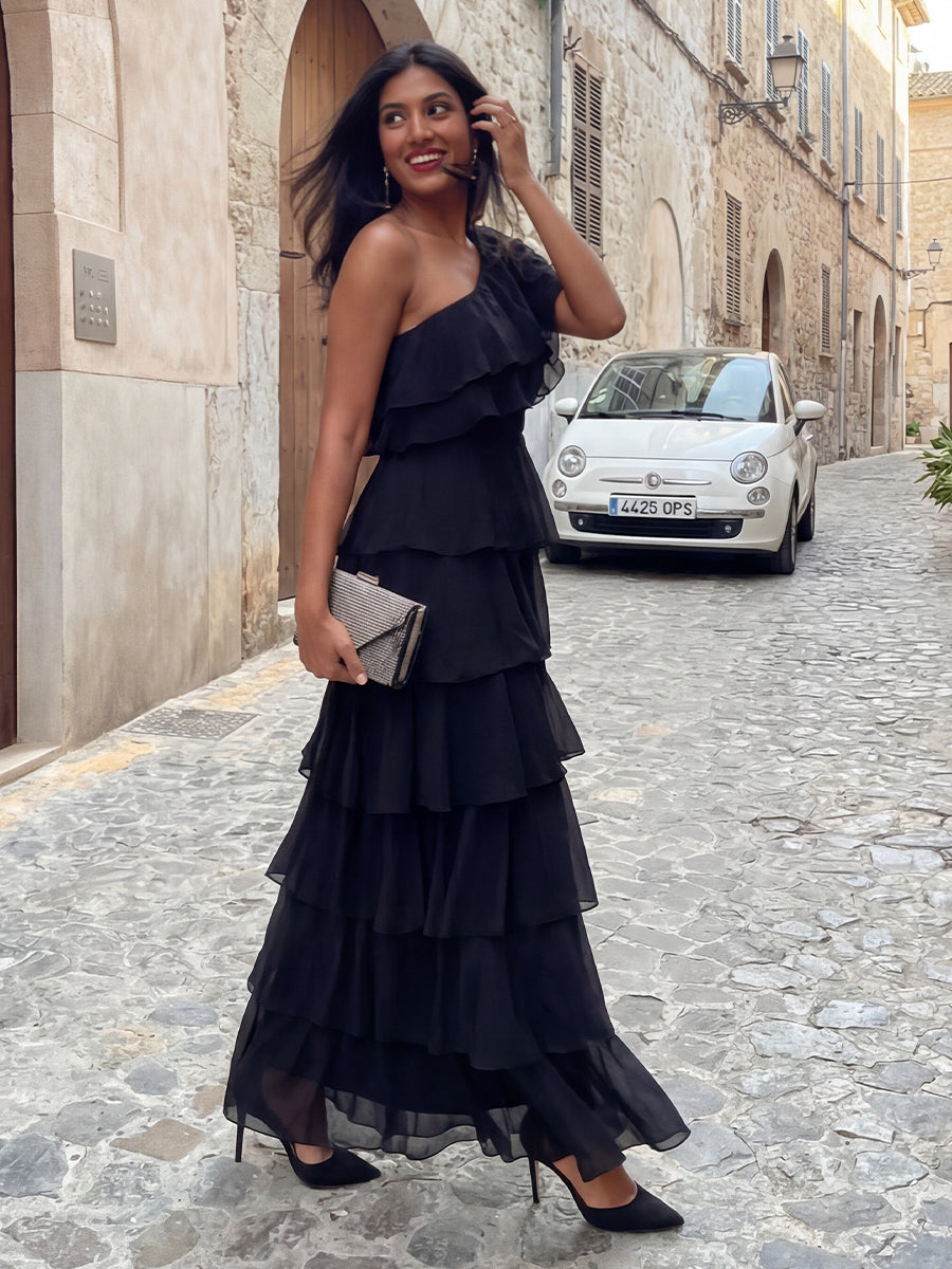 Chiffon A-Line Floor-Length One-Shoulder Layered Ruffles Corset Formal Dresses