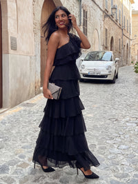 Chiffon A-Line Floor-Length One-Shoulder Layered Ruffles Corset Formal Dresses