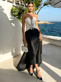 Mermaid Satin Hight-Low Strapless Corset Cut-Out Ruffles Formal Dresses