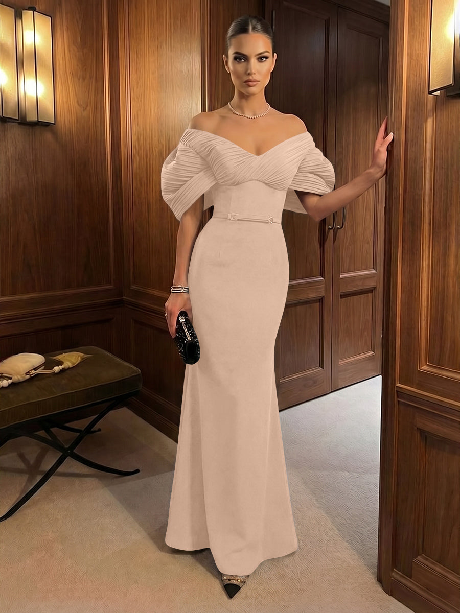 Mermaid Satin Floor-Length Off-Shoulder Ruffles Corset Formal Dresses
