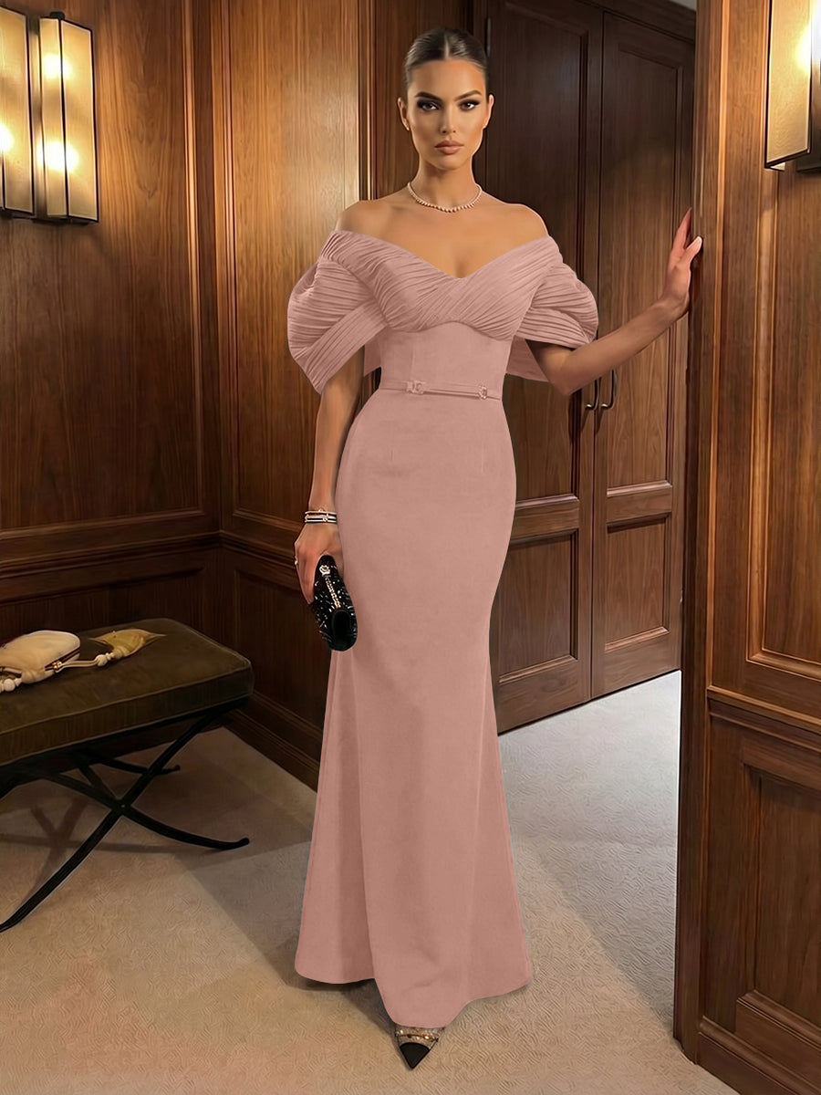 Mermaid Satin Floor-Length Off-Shoulder Ruffles Corset Formal Dresses