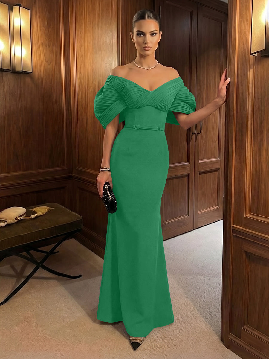 Mermaid Satin Floor-Length Off-Shoulder Ruffles Corset Formal Dresses