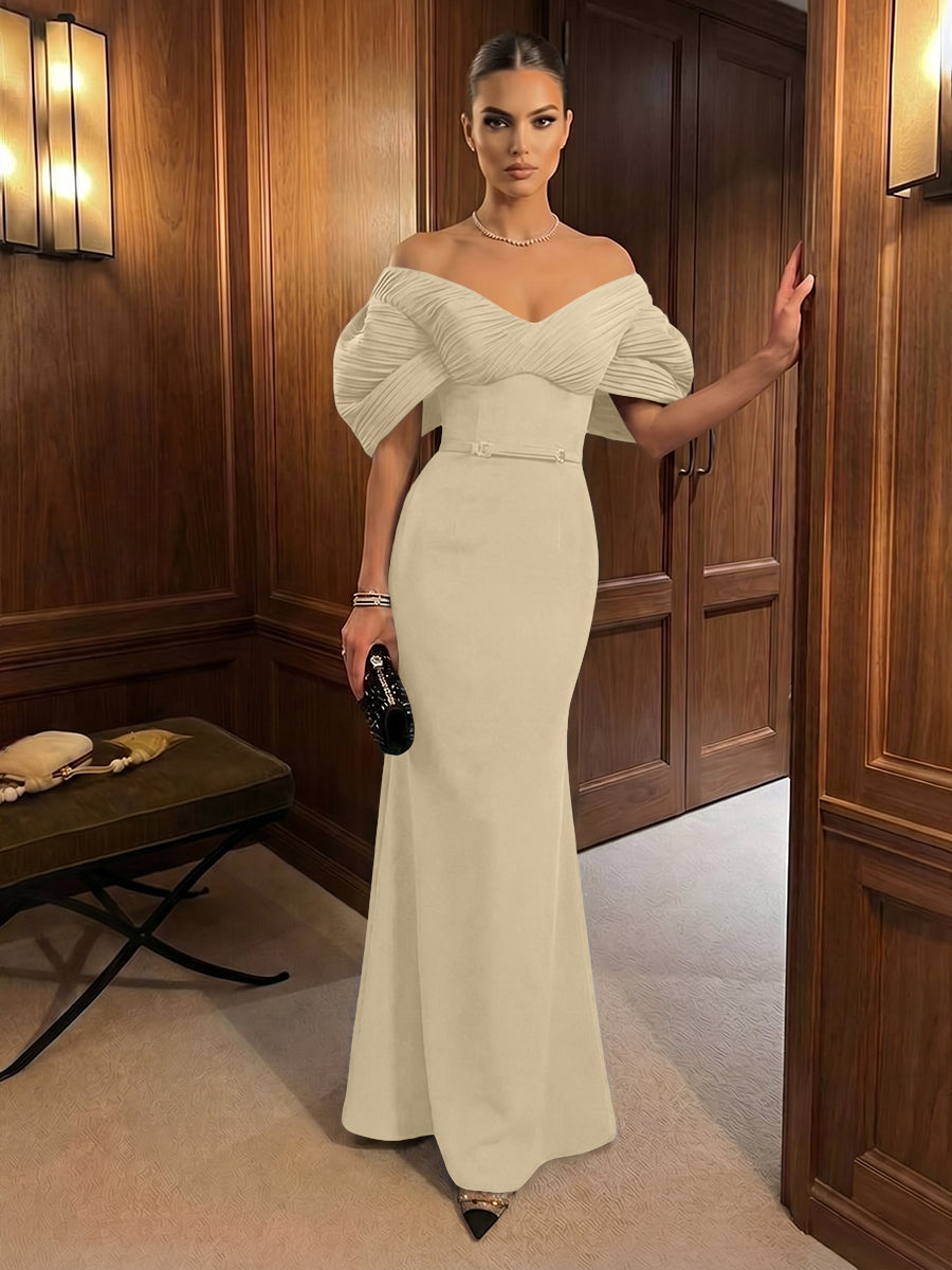 Mermaid Satin Floor-Length Off-Shoulder Ruffles Corset Formal Dresses