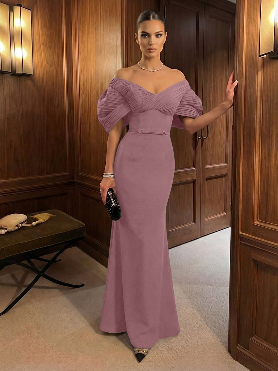 Mermaid Satin Floor-Length Off-Shoulder Ruffles Corset Formal Dresses