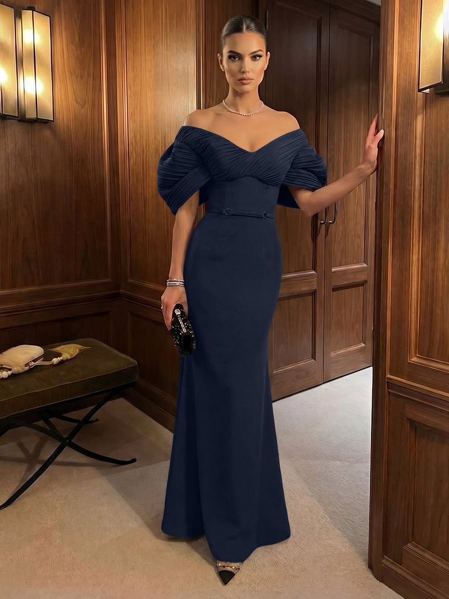 Mermaid Satin Floor-Length Off-Shoulder Ruffles Corset Formal Dresses