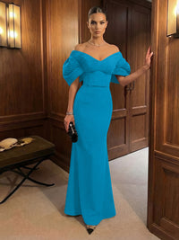 Mermaid Satin Floor-Length Off-Shoulder Ruffles Corset Formal Dresses