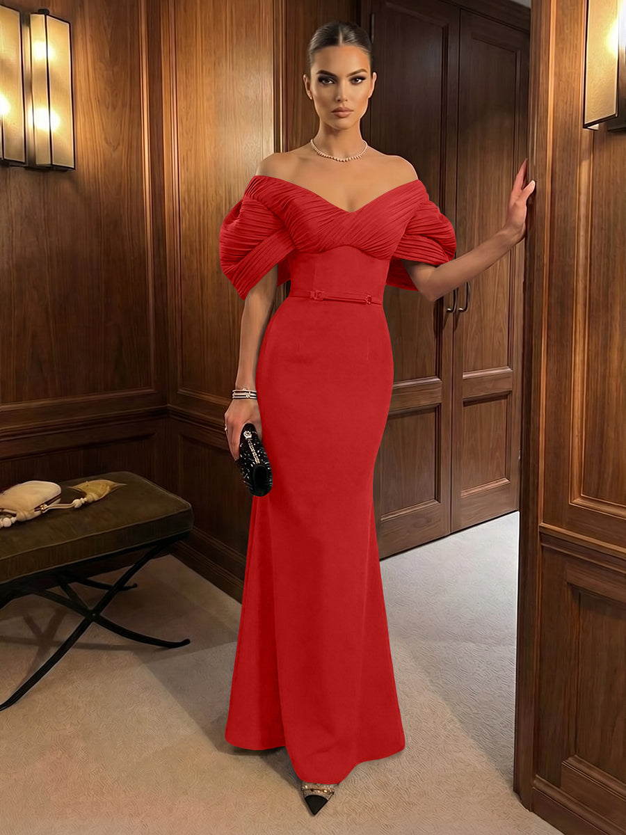 Mermaid Satin Floor-Length Off-Shoulder Ruffles Corset Formal Dresses