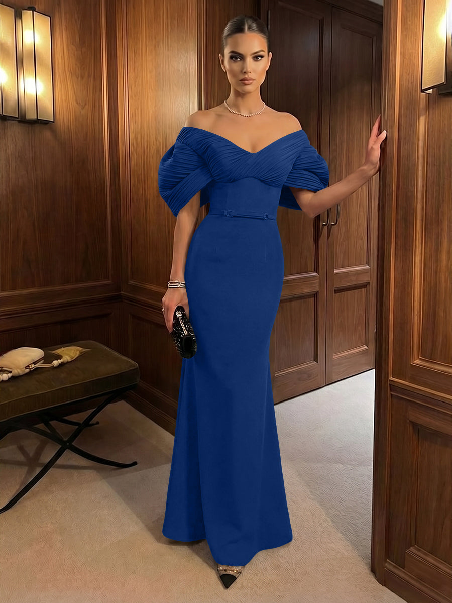 Mermaid Satin Floor-Length Off-Shoulder Ruffles Corset Formal Dresses