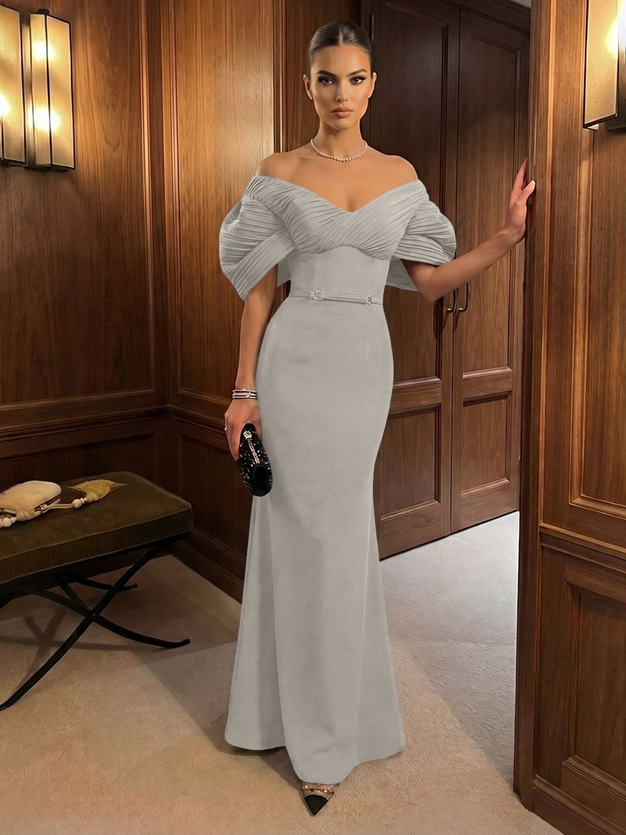Mermaid Satin Floor-Length Off-Shoulder Ruffles Corset Formal Dresses