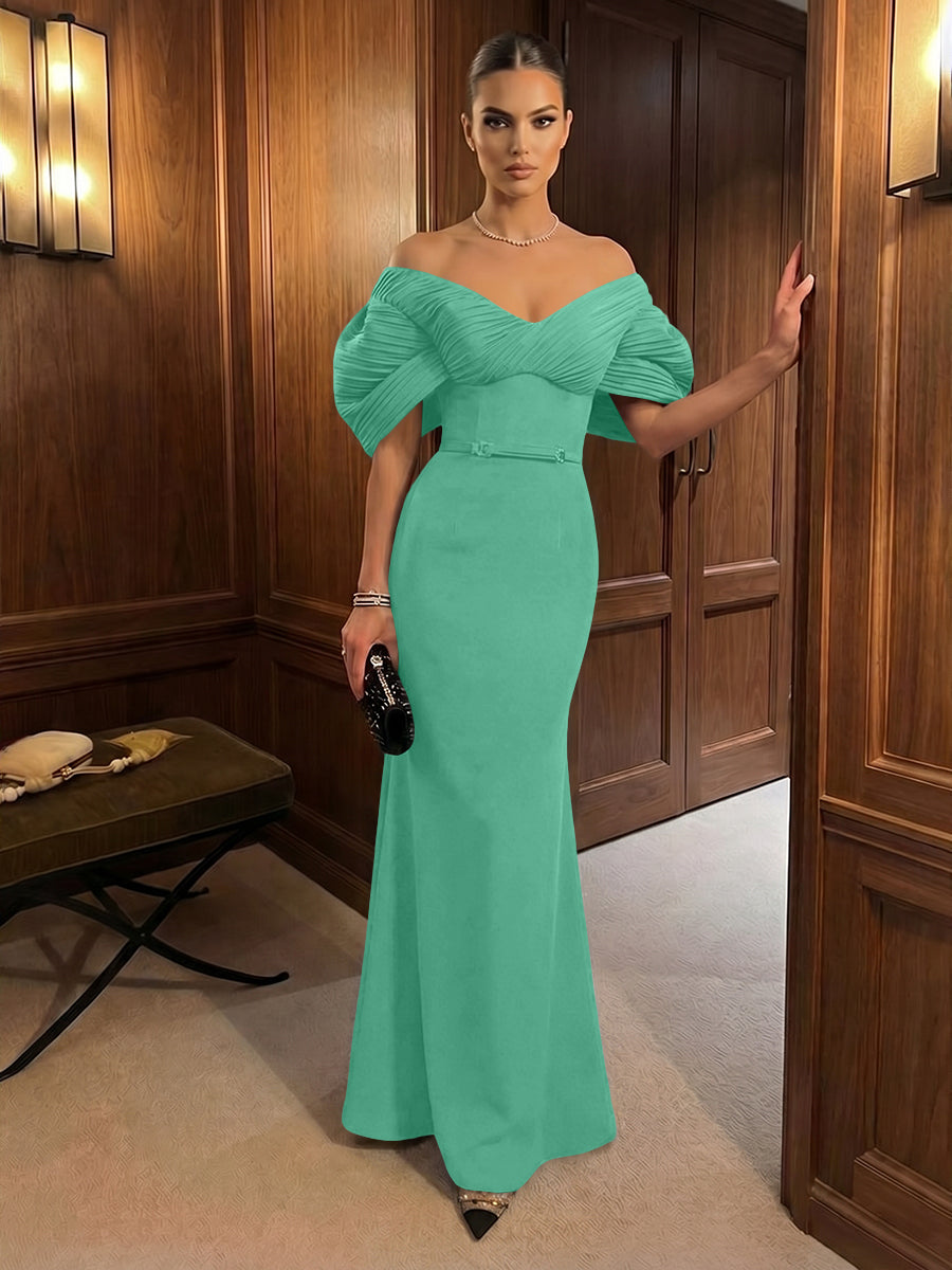 Mermaid Satin Floor-Length Off-Shoulder Ruffles Corset Formal Dresses