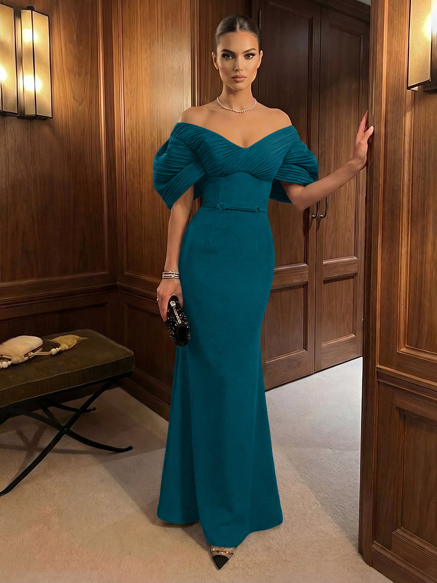 Mermaid Satin Floor-Length Off-Shoulder Ruffles Corset Formal Dresses