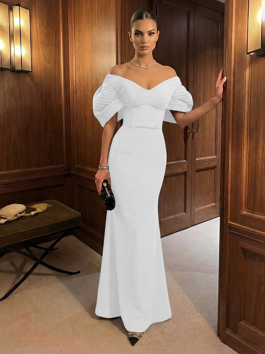 Mermaid Satin Floor-Length Off-Shoulder Ruffles Corset Formal Dresses