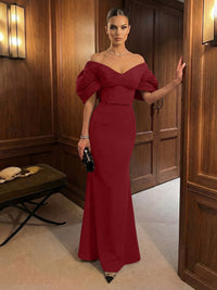 Mermaid Satin Floor-Length Off-Shoulder Ruffles Corset Formal Dresses
