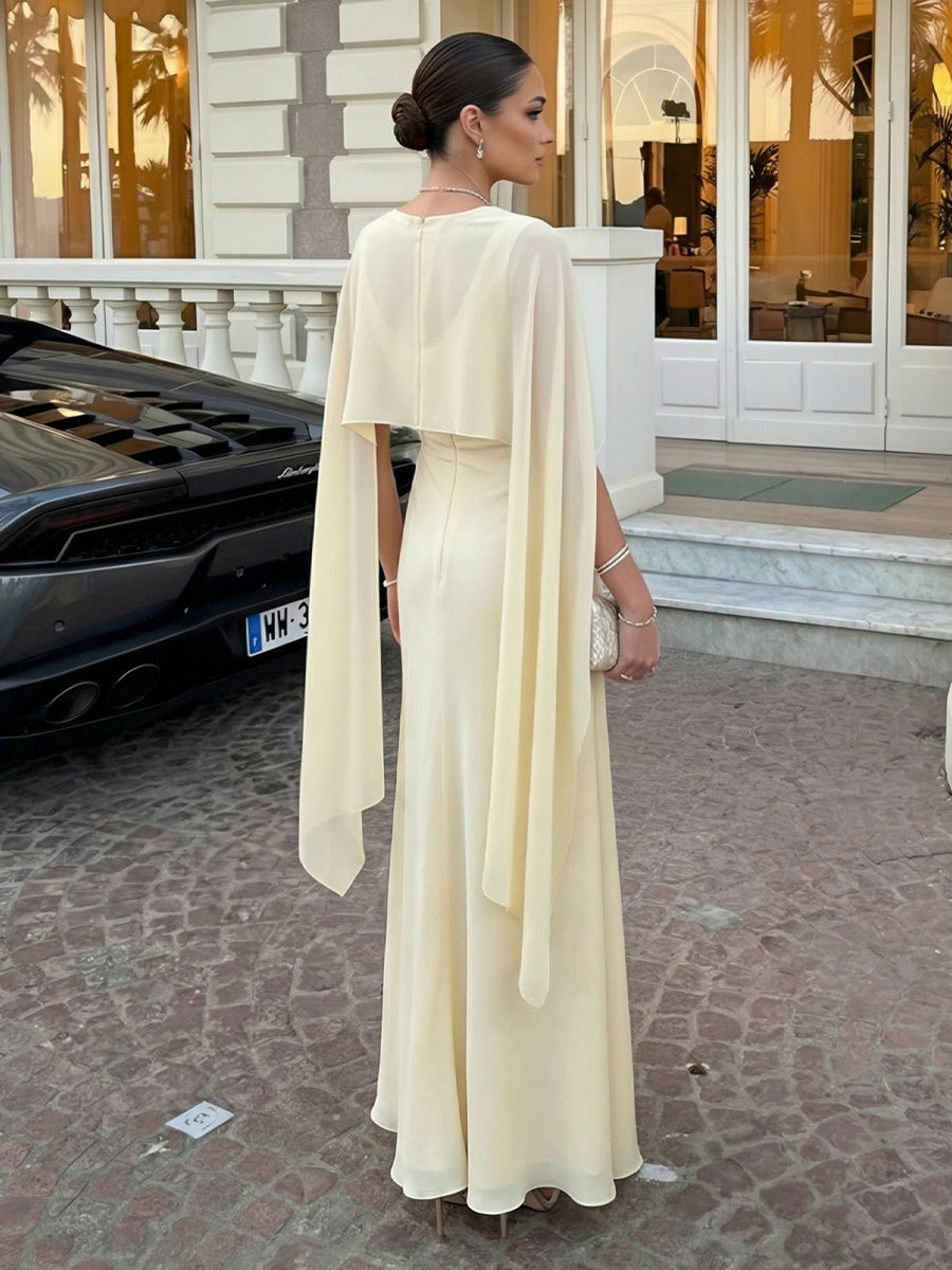 Mermaid Satin Floor-Length V Neck Ruffles Corset Formal Dresses with Cape