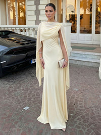 Mermaid Satin Floor-Length V Neck Ruffles Corset Formal Dresses with Cape