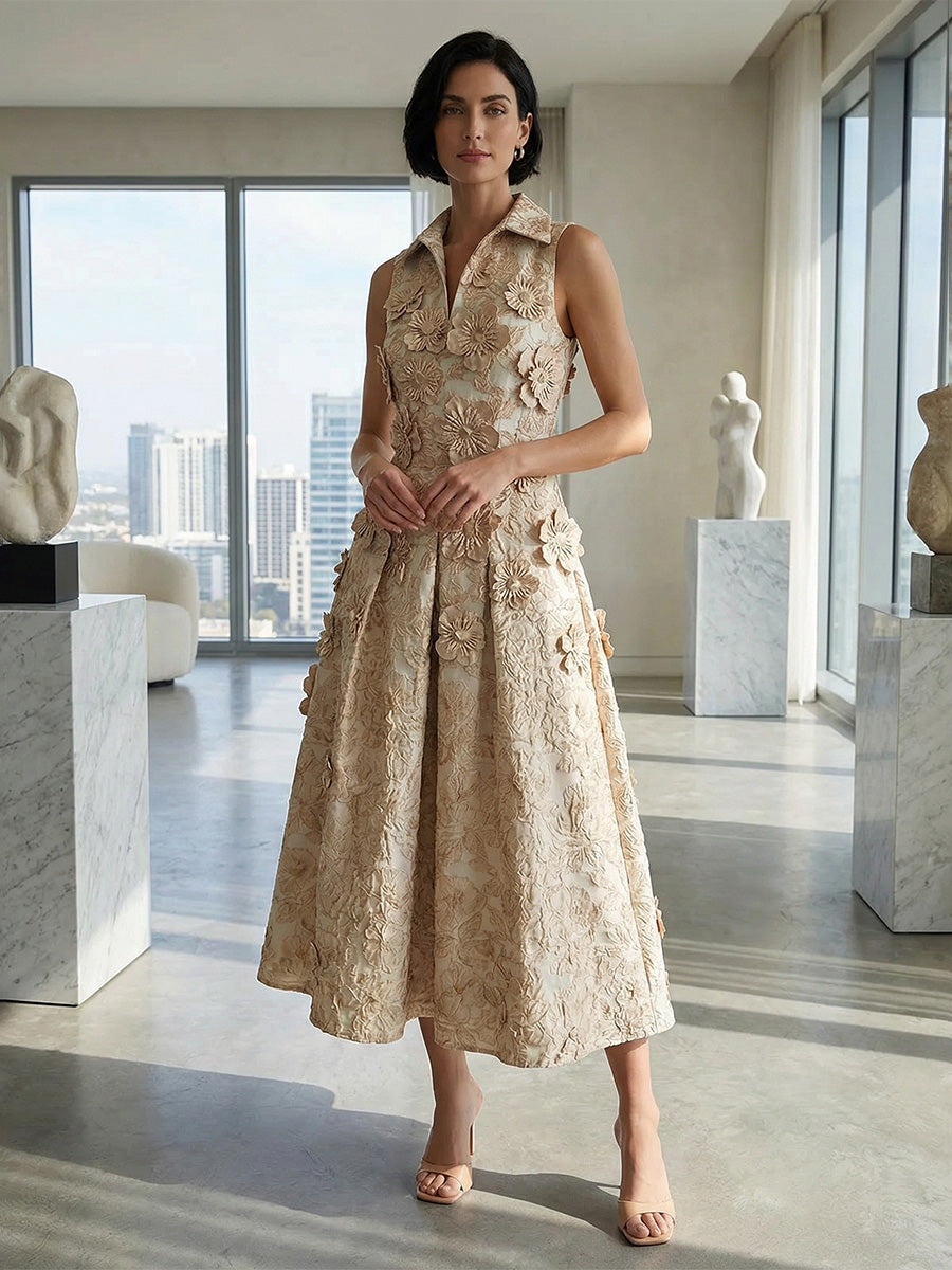 Jacquard A-Line Tea-Length V-Neck Formal Dresses with 3D Flowers