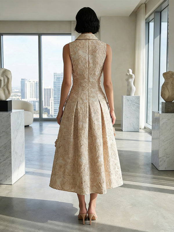 Jacquard A-Line Tea-Length V-Neck Formal Dresses with 3D Flowers