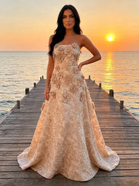 Jacquard A-Line Floor-Length Strapless Formal Dresses with 3D Flowers & Sweep Train
