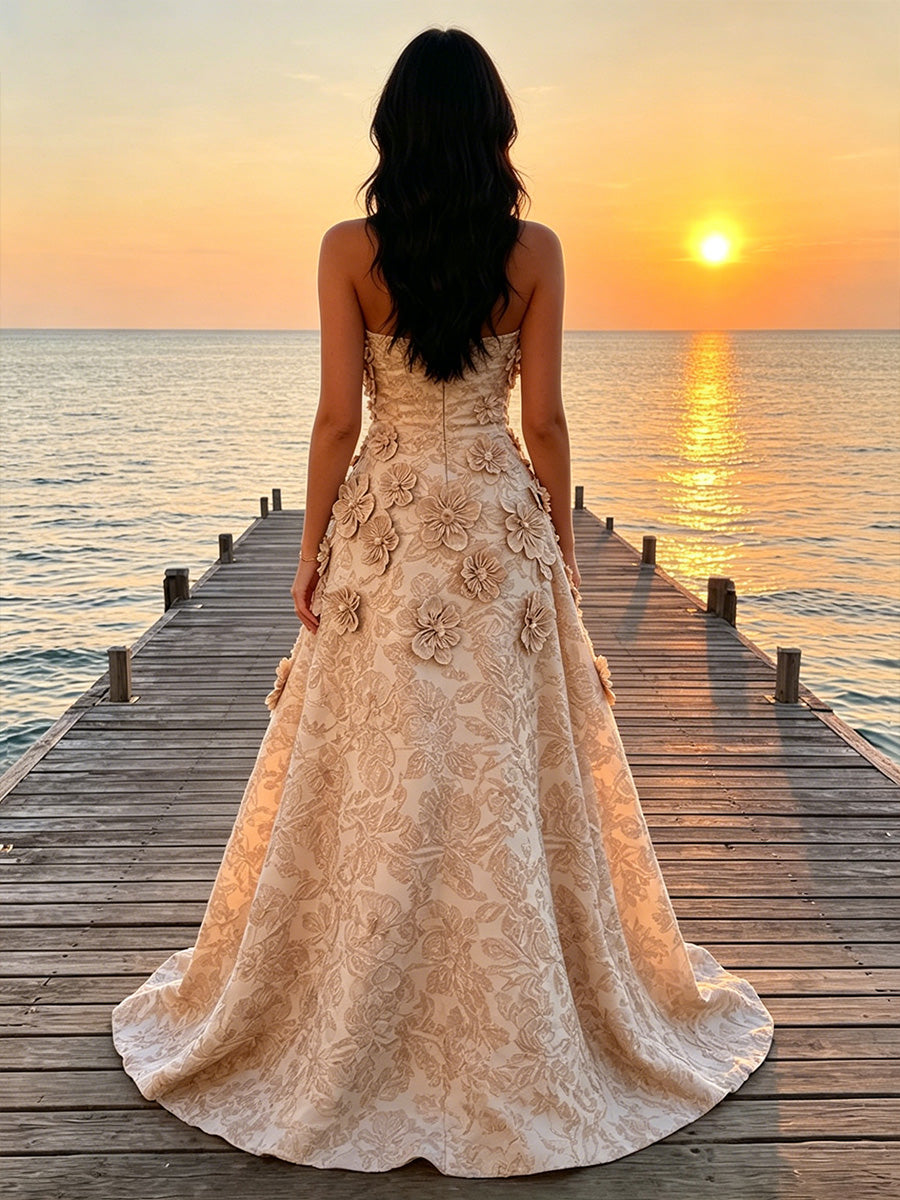 Jacquard A-Line Floor-Length Strapless Formal Dresses with 3D Flowers & Sweep Train