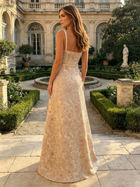 Jacquard A-Line Floor-Length Spaghetti Straps Formal Dresses with 3D Flowers