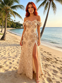 Jacquard A-Line Off Shoulder Formal Dresses with 3D Flowers & Slit