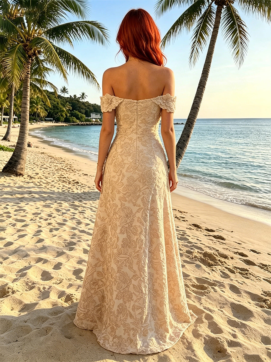 Jacquard A-Line Off Shoulder Formal Dresses with 3D Flowers & Slit