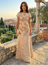 Jacquard A-Line Short Sleeves Formal Dresses with 3D Flowers