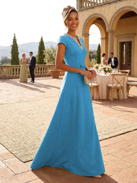 A-Line Satin V-Neck Rhinestones Floor-Length Formal Dresses